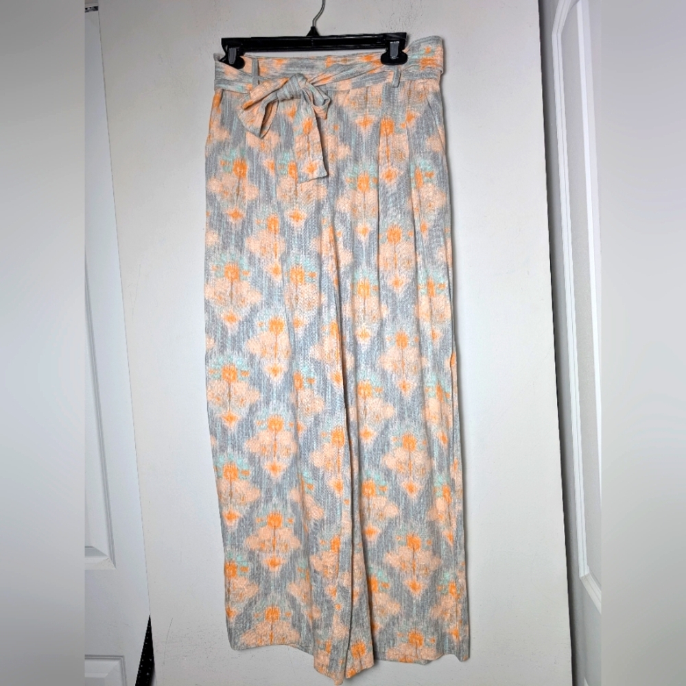 Zara Pants Wide Leg Linen Gray Orange Beachy Flowy Belted Sz S